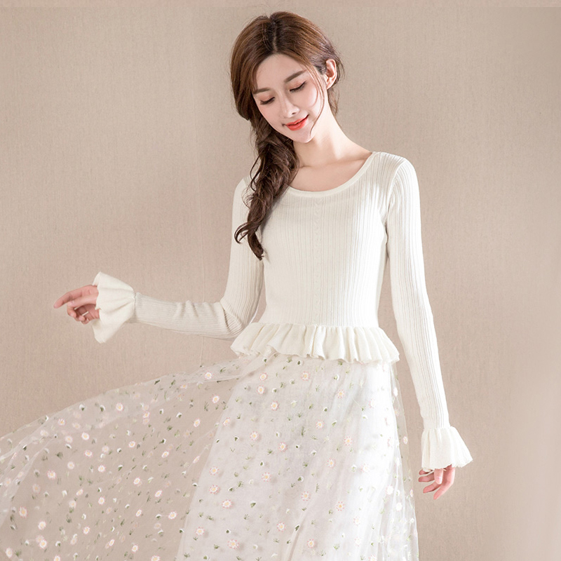 烟花烫秋季新款女装弹力针织网纱绣花连衣裙