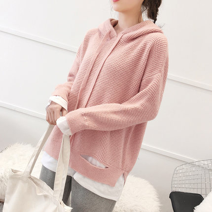 2018秋装新款宽松学生韩版粗毛线假两件针织衫 女装 图1