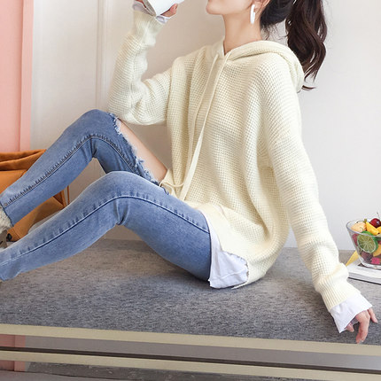 2018秋装新款宽松学生韩版粗毛线假两件针织衫 女装 图2