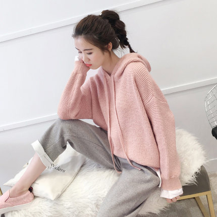 2018秋装新款宽松学生韩版粗毛线假两件针织衫 女装 图4